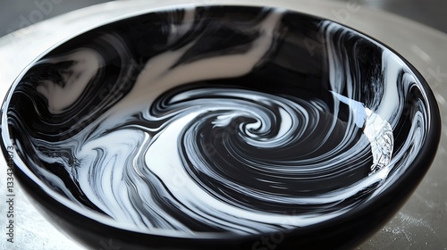 Marbleized black and white liquid swirls forming a striking contrast photo