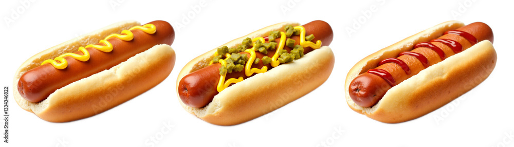 Three delicious hot dogs with mustard, ketchup, and pickles on toasted buns, isolated on white background. Perfect for fast food menus and food advertising. Isolated on transparent background. Three delicious hot dogs with mustard, ketchup, and pickles on toasted buns, isolated on white background. Perfect for fast food menus and food advertising. Isolated on transparent background.
