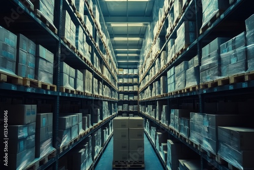 Modern Warehouse Interior  High Shelves Filled with Goods Boxes for Efficient Storage and Distribution