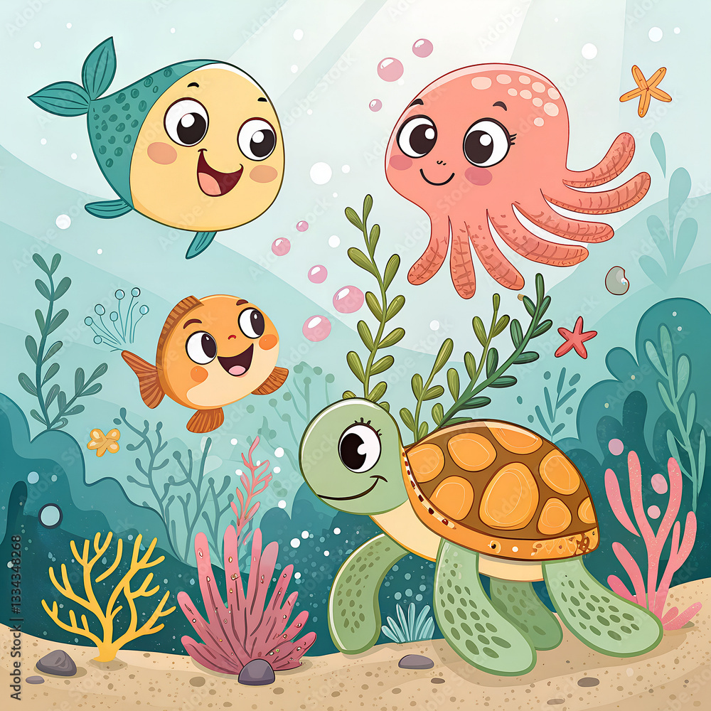 A cute vector scene with fish, turtles, and an octopus, all smiling in an underwater preschool theme A cute vector scene with fish, turtles, and an octopus, all smiling in an underwater preschool theme