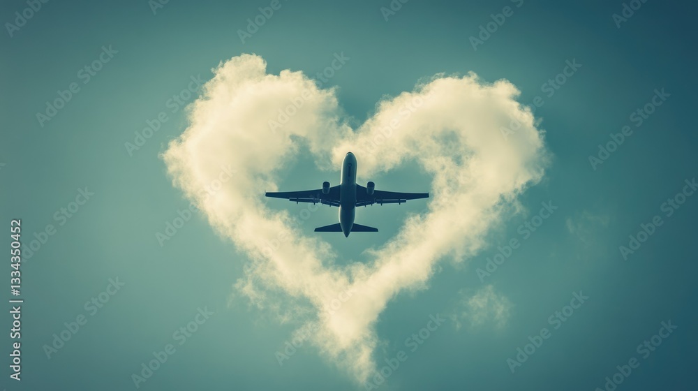 Naklejka premium Skybound Love: Passenger Aircraft Soars Through Heart-Shaped Cloud in a Romantic Sky