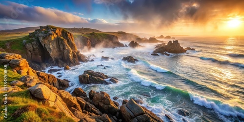 Misty dawn over rugged coastline with rocky outcrops and sea spray , coastal scenery, landscape