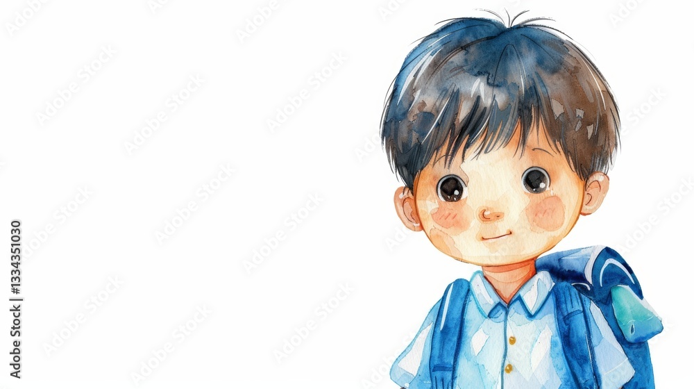 A Watercolor Painting of a Boy with a Backpack A Watercolor Painting of a Boy with a Backpack