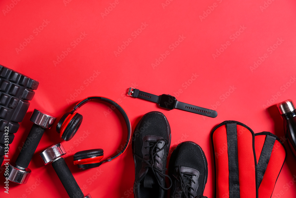 Fototapeta premium Different gym stuff, wrist watch and headphones on red background, flat lay. Space for text