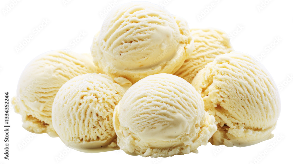 Fototapeta premium Delicious creamy vanilla ice cream scoops piled up on transparent background