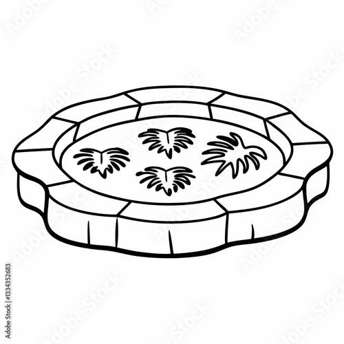 Garden pond with decorative water lilies in circular stone structure