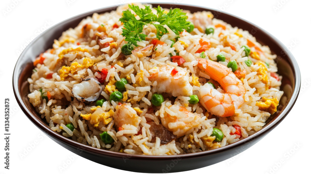 Steaming hot shrimp fried rice with vegetables in a bowl on transparent background Steaming hot shrimp fried rice with vegetables in a bowl on transparent background