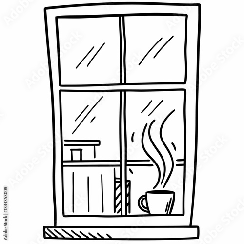 Cozy morning coffee cup on indoor windowsill view relaxation and warmth in simple line art illustration