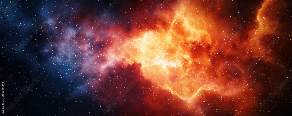 Naklejka premium vibrant cosmic scene featuring swirling colors of orange and blue, representing nebula filled with stars and gas