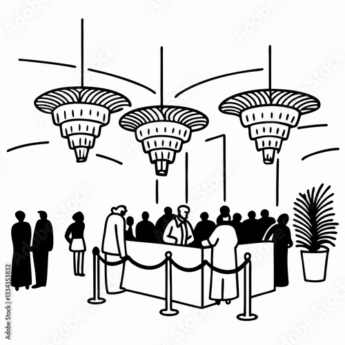 People gathering at reception desk line art illustration, social interaction, event setting, guests and hosts