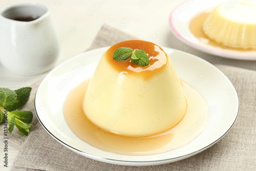 Delicious pudding with caramel sauce and mint on table, closeup Delicious pudding with caramel sauce and mint on table, closeup