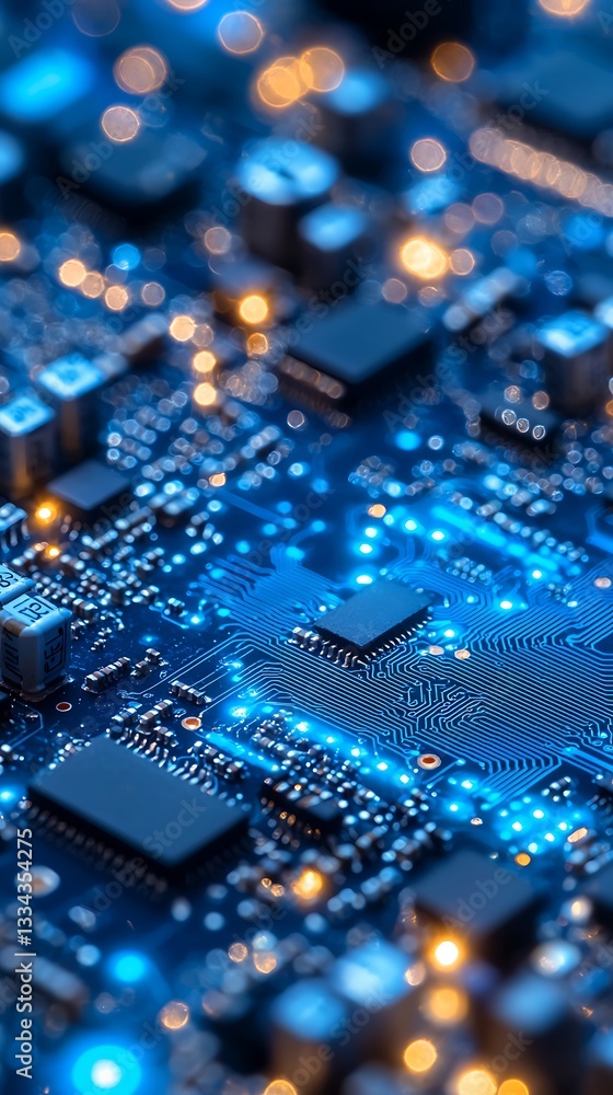 Close up view of illuminated blue circuit board components Close up view of illuminated blue circuit board components