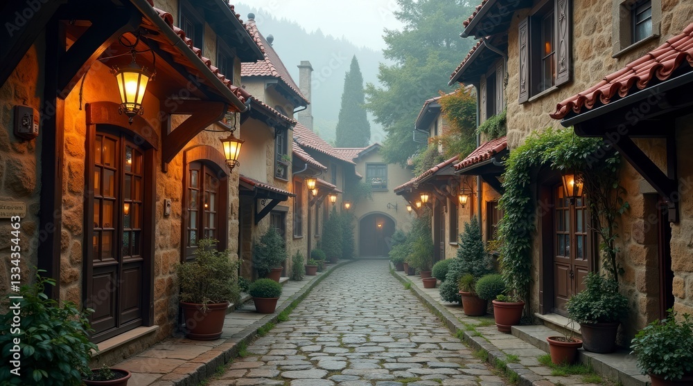 Fototapeta premium A quaint, centuries-old European town square, bathed in the soft, golden glow of sunset, with intricately carved