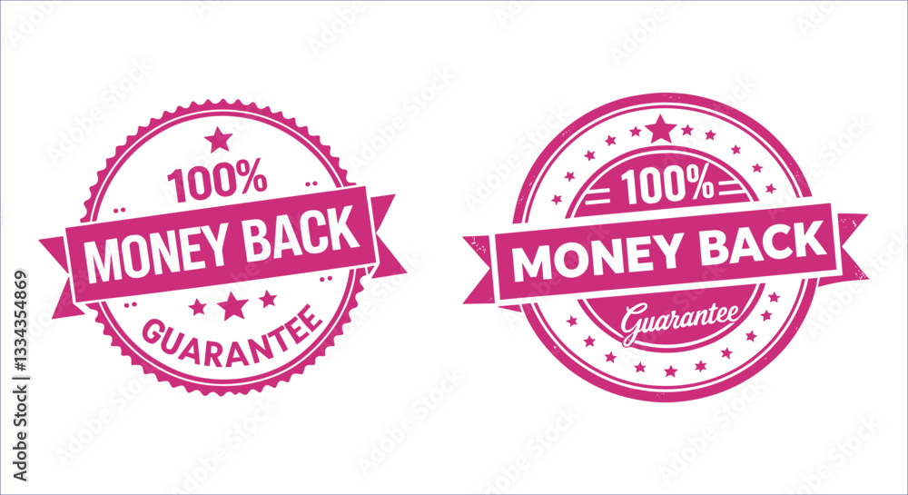 Obraz premium 100% money back guaranteed stamp badge vector design. Circular money back guaranteed badge vector. 100% money back guaranteed vector badge with ribbon and stars. Certified money back guaranteed badge