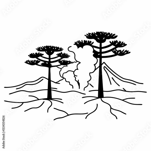 Araucaria trees with volcanic landscape, smoke rising nature, chilean conifers, mountain illustration