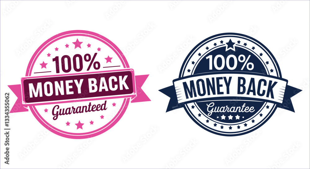 Fototapeta premium 100% money back guaranteed stamp badge vector design. Circular money back guaranteed badge vector. 100% money back guaranteed vector badge with ribbon and stars. Certified money back guaranteed badge