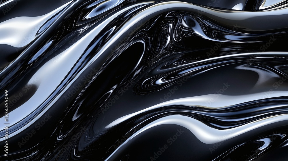Glossy black and metallic silver liquid forming smooth, wavy structures Glossy black and metallic silver liquid forming smooth, wavy structures