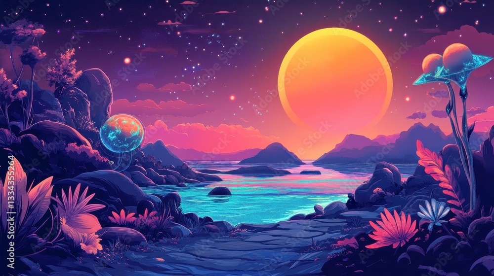 Surreal Alien Landscape with Giant Moon and Bio Luminescent Plants at Night Surreal Alien Landscape with Giant Moon and Bio Luminescent Plants at Night