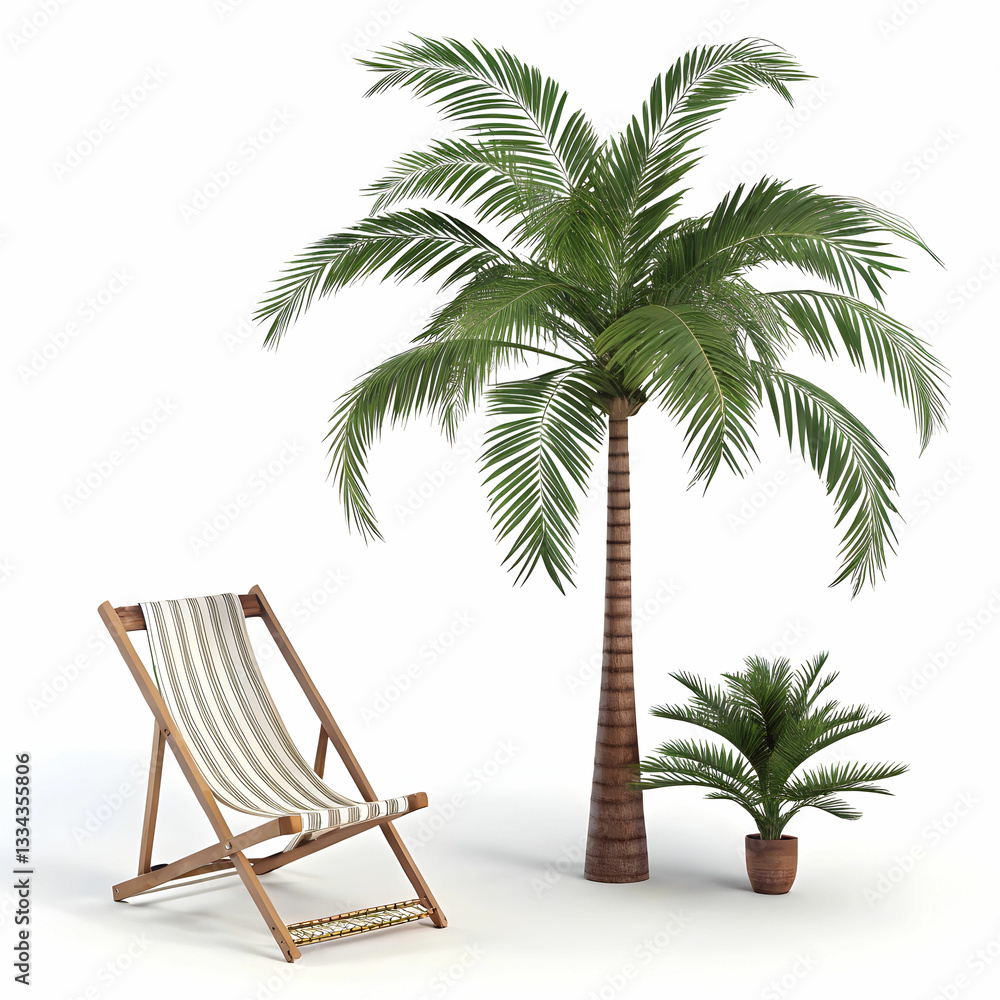 Fototapeta premium palm tree and deckchair on white background isolate