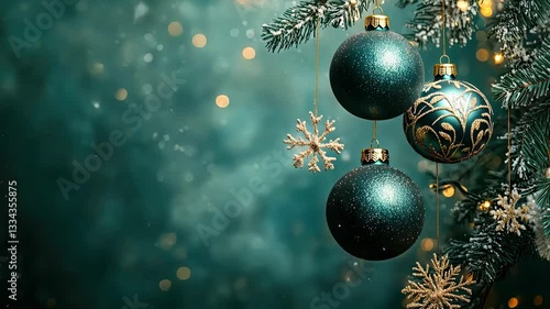 Christmas balls on a tree branch, copy space