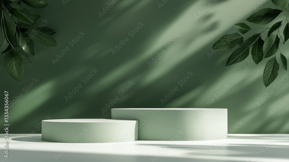 Display Two Tier Podium with Green Wall and Leaf Shadows Display Two Tier Podium with Green Wall and Leaf Shadows
