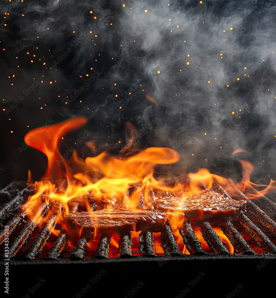 Dynamic Barbecue Grill Scene with Realistic Smoke Effects, Blank Area for Logo Placement, Ideal for Restaurant Menus and Food Packaging Designs Dynamic Barbecue Grill Scene with Realistic Smoke Effects, Blank Area for Logo Placement, Ideal for Restaurant Menus and Food Packaging Designs