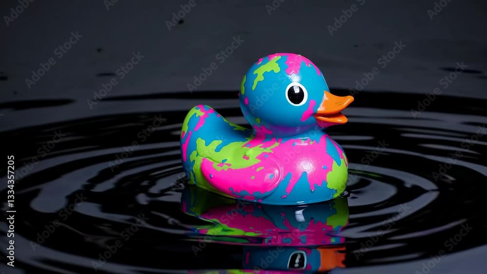 Colorful rubber duck floating on black water with splash patterns. Fun bath concept