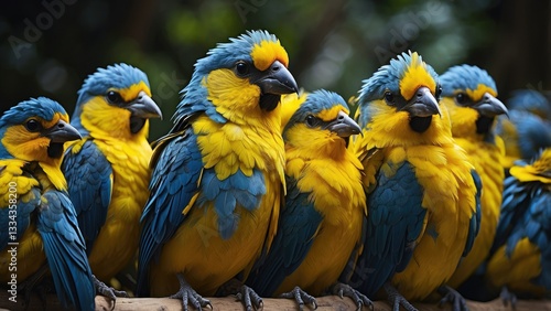 Fotografie A vivid image featuring a bright yellow bird standing out among a large group of uniformly colored blue birds