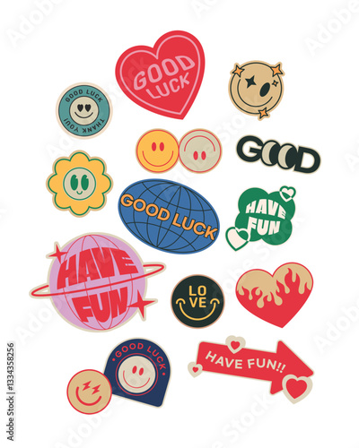 Collection of fun and positive stickers Retro Groovy Smiley stickers Text