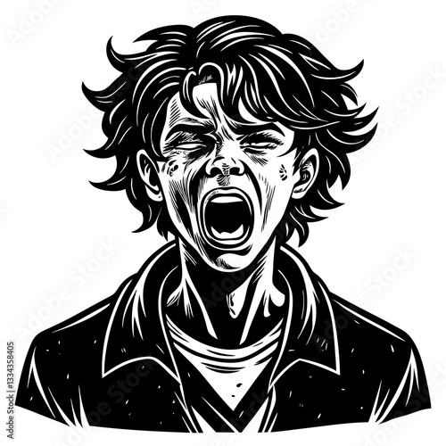 Emotional person screaming in expressionist black and white style