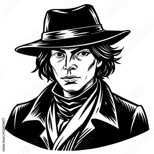 Person wearing a hat with serious expression in black and white illustration