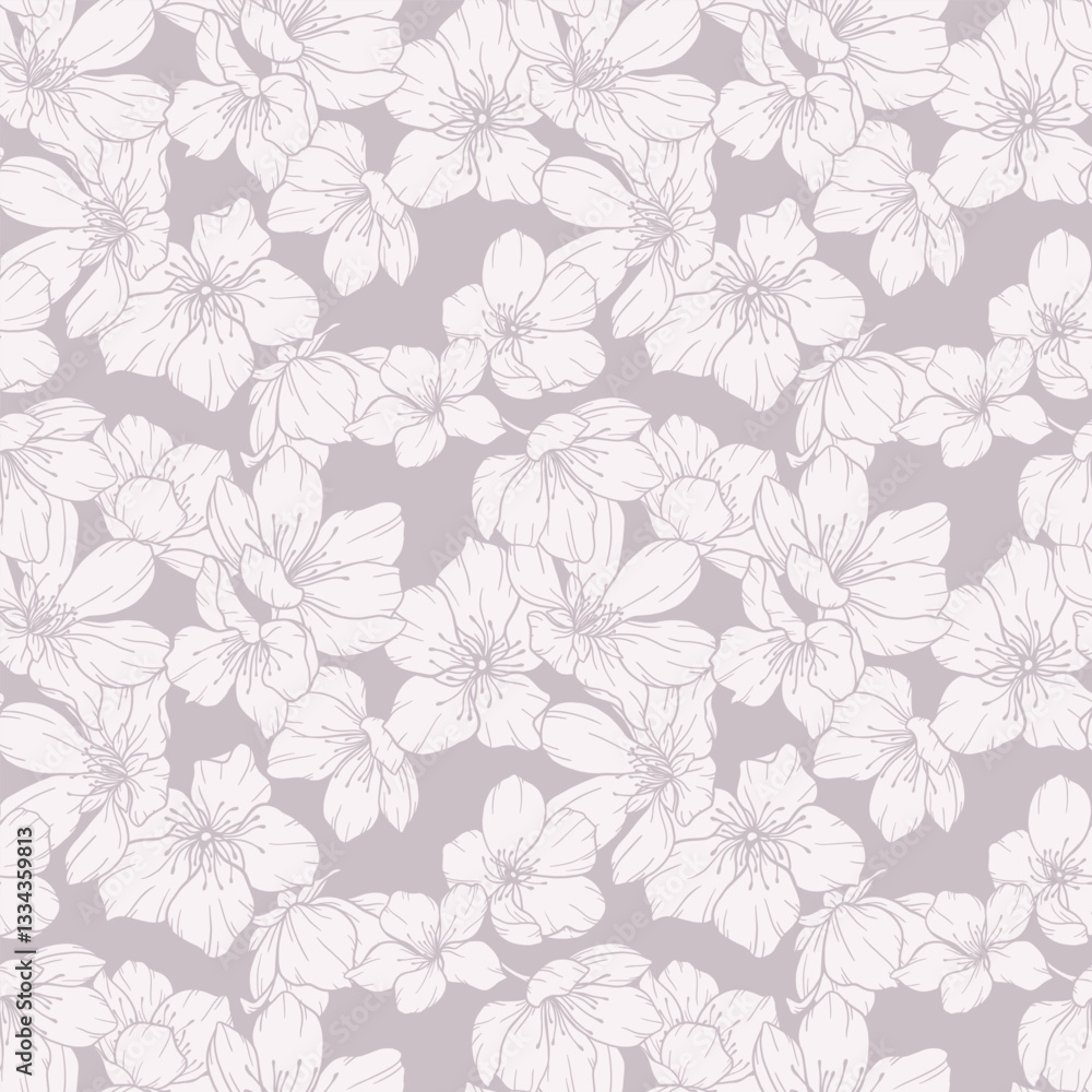 Floral seamless pattern with Sakura. Cherry Blossom background. Eco background. Cherry Blossom and greenery hand drawn line art design. Elegant seamless background minimalist style Floral seamless pattern with Sakura. Cherry Blossom background. Eco background. Cherry Blossom and greenery hand drawn line art design. Elegant seamless background minimalist style