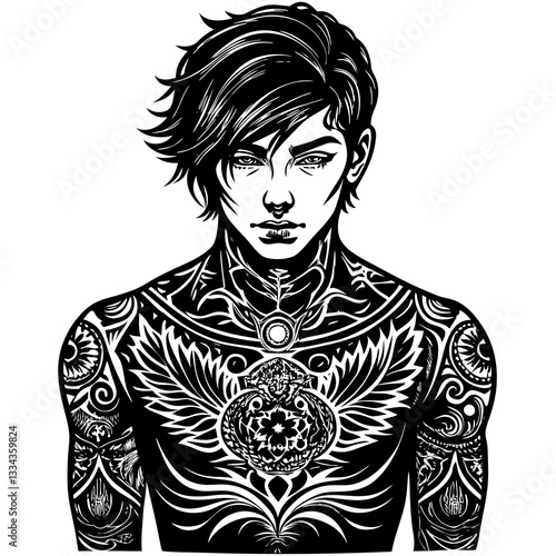 Person with a tattoo showing intricate body art against a plain background