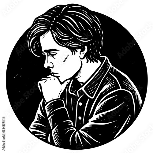 Person with a thoughtful expression pondering deeply against a dark background