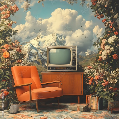 Wallpaper Mural Retro Television Set in a Floral Room with Mountain View. A nostalgic scene featuring a vintage television, armchair, and lush floral arrangements against a backdrop of majestic mountains. Torontodigital.ca