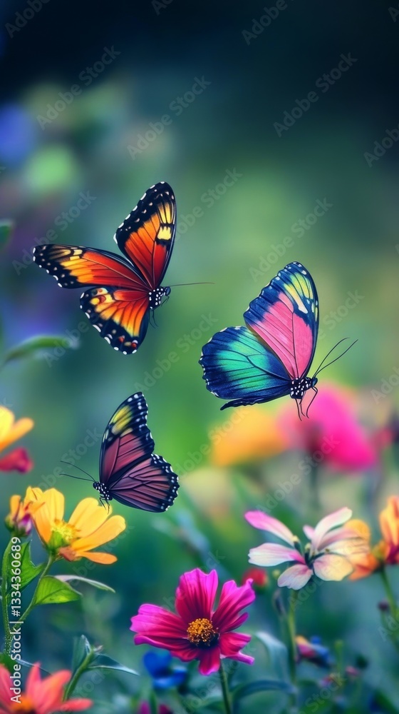 A Trio of Colorful Butterflies Soaring Above a Vibrant Meadow Filled with Blossoming Flowers in Spring Season A Trio of Colorful Butterflies Soaring Above a Vibrant Meadow Filled with Blossoming Flowers in Spring Season