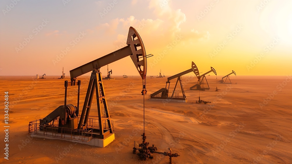 Fototapeta premium Oil extraction landscape with pumpjacks at golden hour in desert terrain