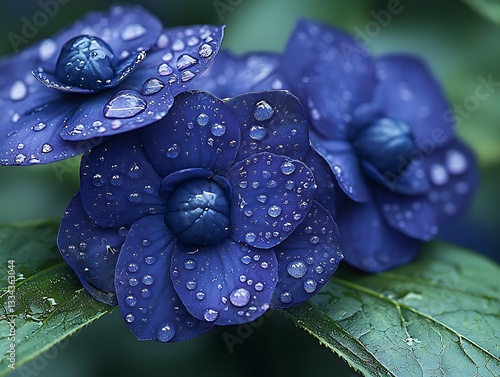 Close up of vibrant blue flowers covered in water droplets