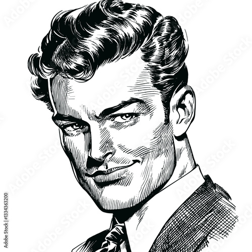 Stylish man portrait, charming expression, vintage illustration, black and white, copy space