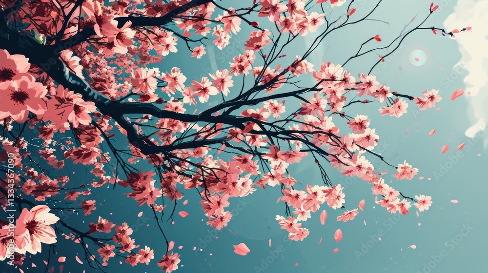 Beautiful Cherry Blossom Flowers Tree with Delicate Pink Petals in Minimalistic Background Beautiful Cherry Blossom Flowers Tree with Delicate Pink Petals in Minimalistic Background