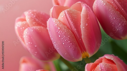 Pink tulips showing fresh water drops on pink background