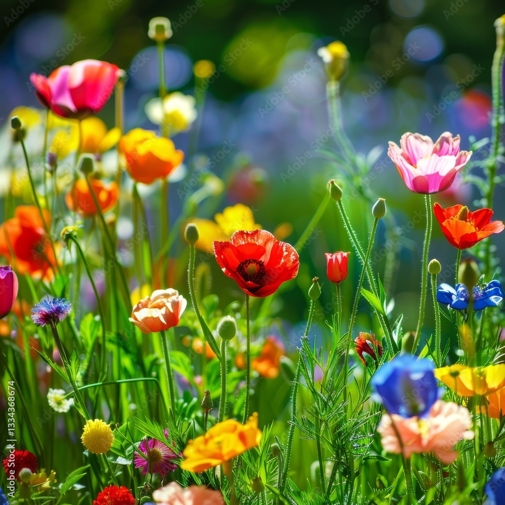 Fototapeta premium A vibrant meadow bursting with colorful wildflowers in full bloom, bathed in warm sunlight and gentle breezes, creating a serene atmosphere