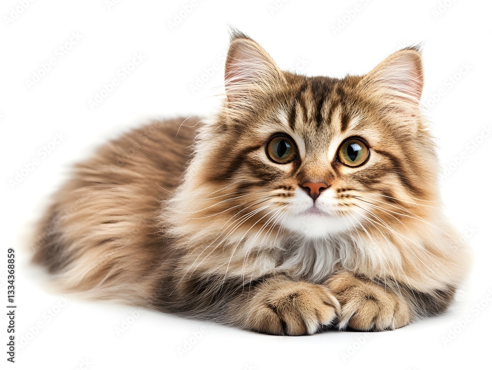 An adorable fluffy brown tabby kitten lies down on a white background looking directly at the camera with curious bright eyes. An adorable fluffy brown tabby kitten lies down on a white background looking directly at the camera with curious bright eyes.