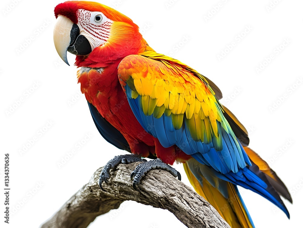 Fototapeta premium A vibrant scarlet macaw parrot perched on a weathered branch against a pure white background displays its magnificent plumage.
