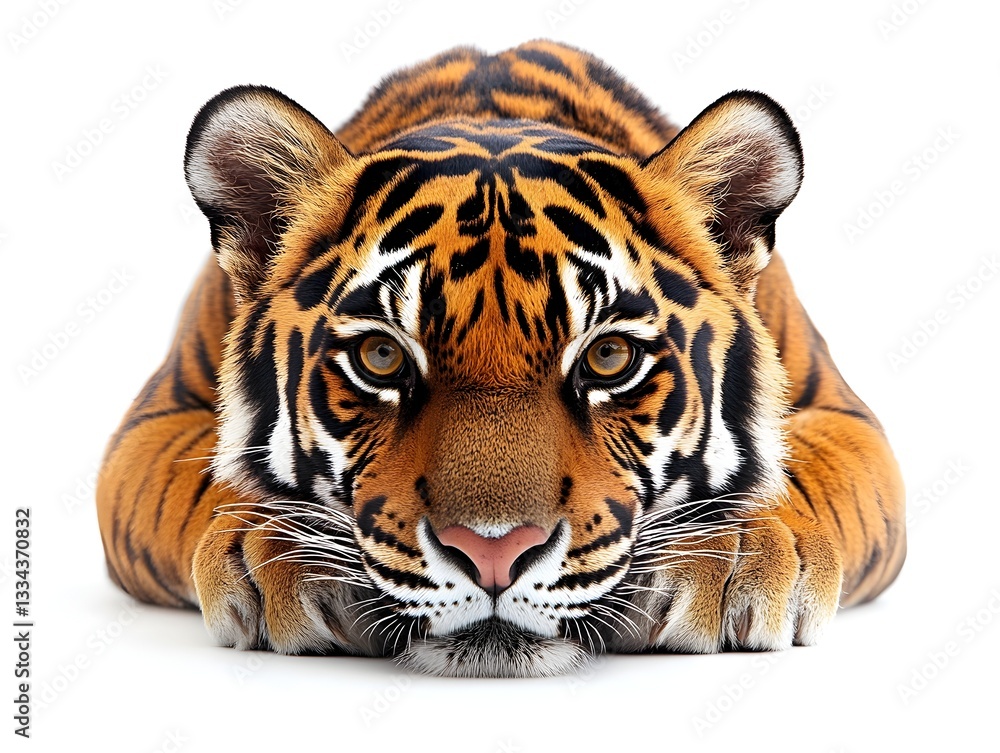 Obraz premium A majestic Bengal tiger rests on a white background, showcasing its striking orange and black stripes in a captivating close-up portrait.