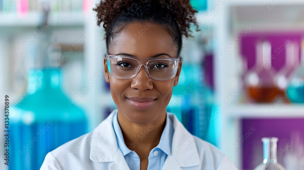 Dedicated female scientist in lab coat smiling confidently in her laboratory Dedicated female scientist in lab coat smiling confidently in her laboratory