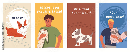 A set of templates for social media stories about adopting cats and dogs. A cute puppy, a kitten, corgi, bull terrier.Hand drawn vector cards, illustration.