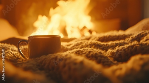A warm beverage in a mug sits on a cozy blanket, with a crackling fire in the background.