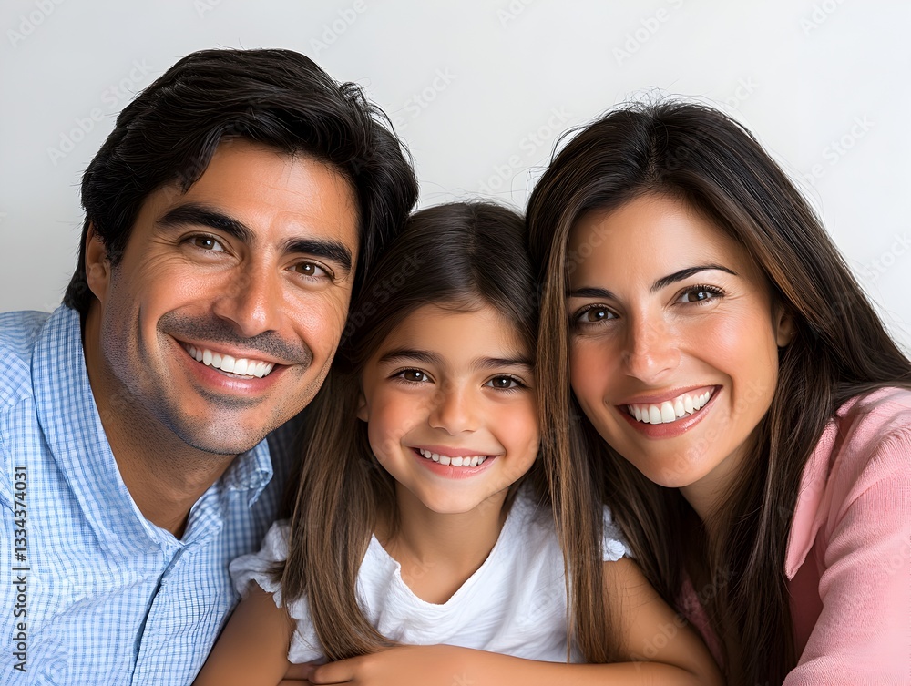 A happy family portrait shows a smiling mother father and daughter with bright healthy teeth and beautiful smiles posing closely together. A happy family portrait shows a smiling mother father and daughter with bright healthy teeth and beautiful smiles posing closely together.