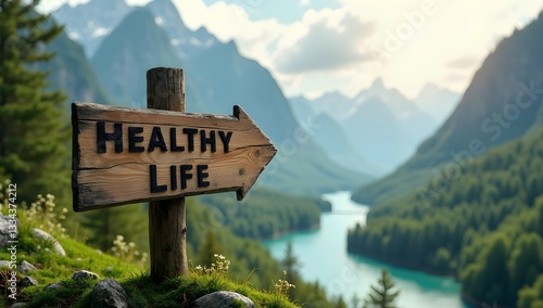 Rustic Signpost Pointing to a Healthy Life Amidst a Lush Natural Landscape